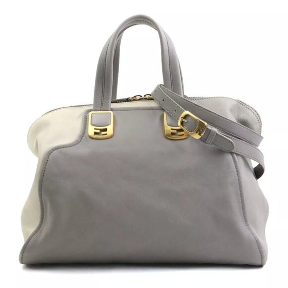 Auth FENDI Chameleon Handbag Shoulder Bag Grey/Off White Leather - Picture 1 of 16